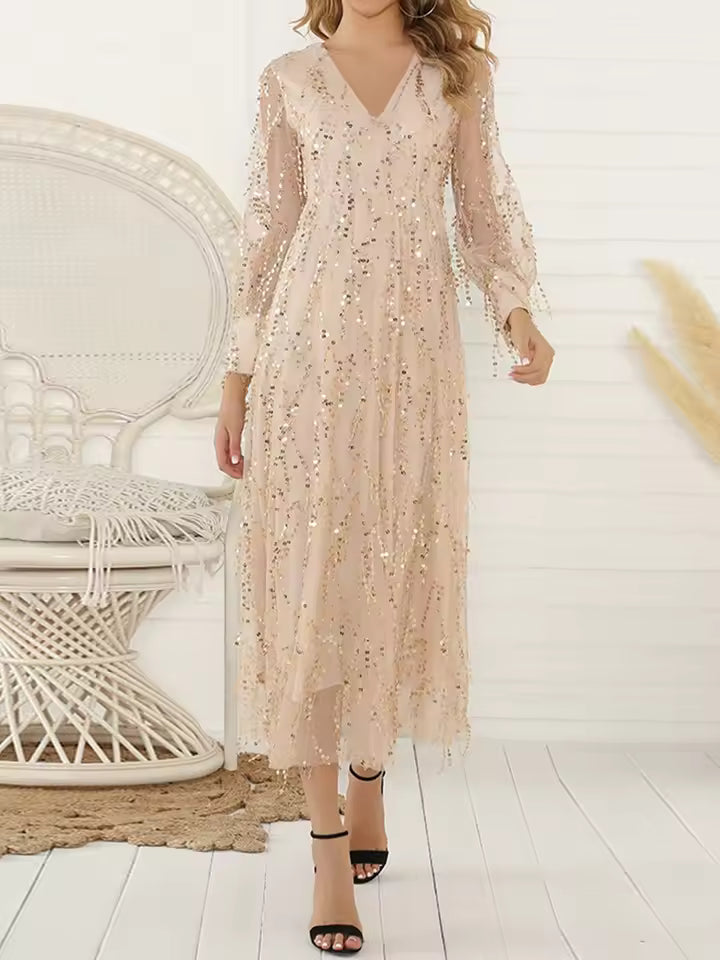 New Women's Elegant Long-Sleeved V-Neck Sequined Fringe Long Dress, Suitable for Dinners and Parties