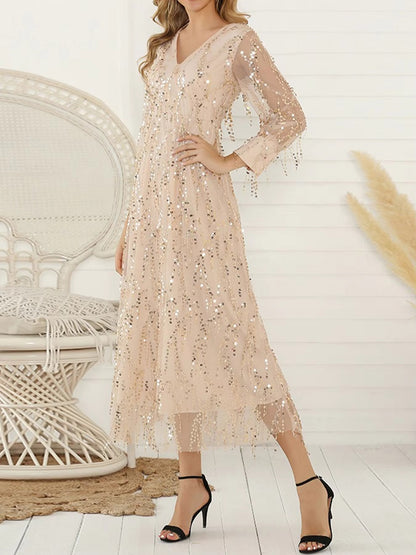 New Women's Elegant Long-Sleeved V-Neck Sequined Fringe Long Dress, Suitable for Dinners and Parties