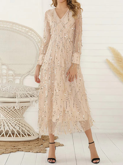 New Women's Elegant Long-Sleeved V-Neck Sequined Fringe Long Dress, Suitable for Dinners and Parties